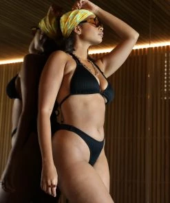 Kulani Kinis High Leg Vintage Bikini Bottom - Pitch Black Ribbed