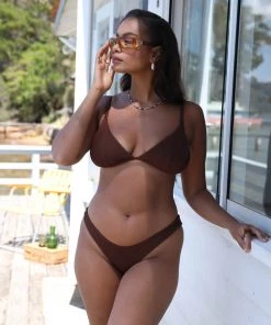 Kulani Kinis Scoop Triangle Bikini Top - Espresso Ribbed