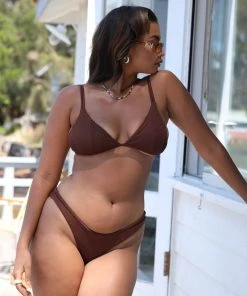 Kulani Kinis Scoop Triangle Bikini Top - Espresso Ribbed