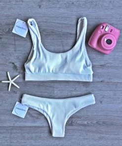 Kulani Kinis Bikini Tops Long Crop Bikini Top - White Ribbed