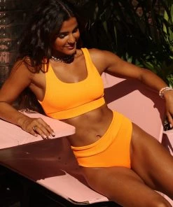 Kulani Kinis Long Crop Bikini Top - Papaya Ribbed