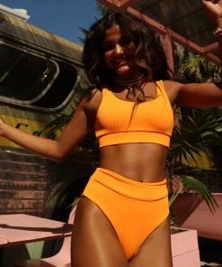 Kulani Kinis Bikini Bottoms High Hip Cheeky Bikini Bottom - Papaya Ribbed