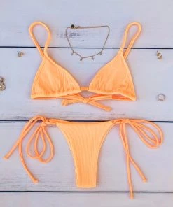 Kulani Kinis Thong Tie Side Bikini Bottom - Mango Ribbed Bikini Bottoms