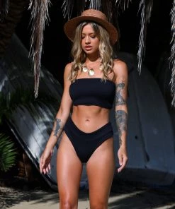 Kulani Kinis High Waist Cheeky Bikini Bottom - Pitch Black Ribbed Bikini Bottoms