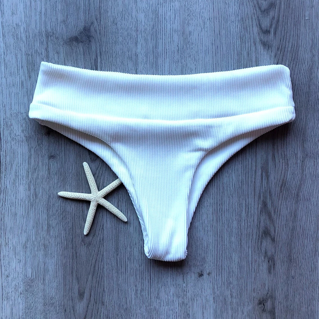Kulani Kinis High Waist Cheeky Bikini Bottom - White Ribbed Bikini Bottoms 5 Kulani Kinis High Waist Cheeky Bikini Bottom - White Ribbed Bikini Bottoms